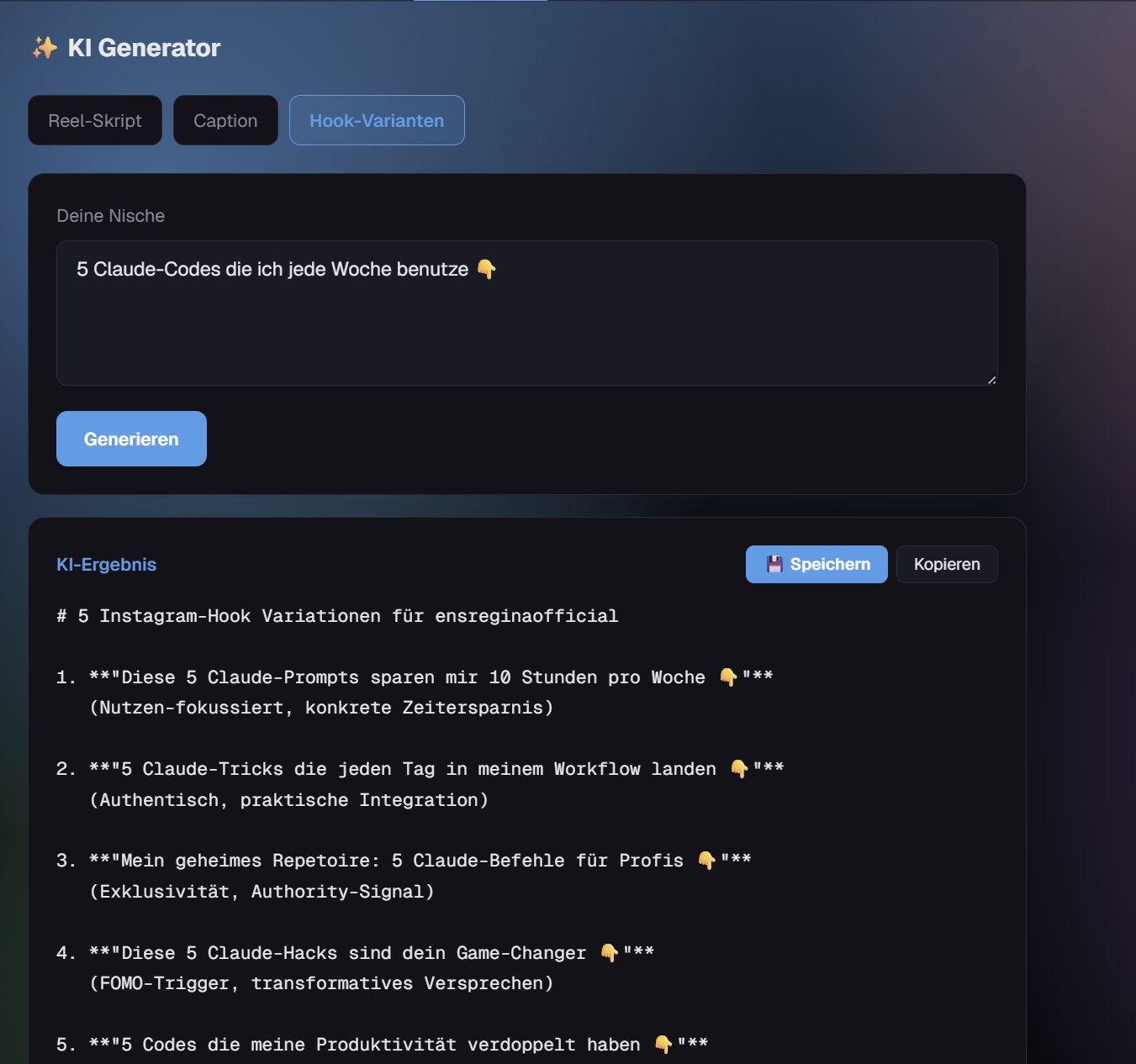 KI-Generator: aus einer Hook automatisch erzeugte, personalisierte Hook-Varianten