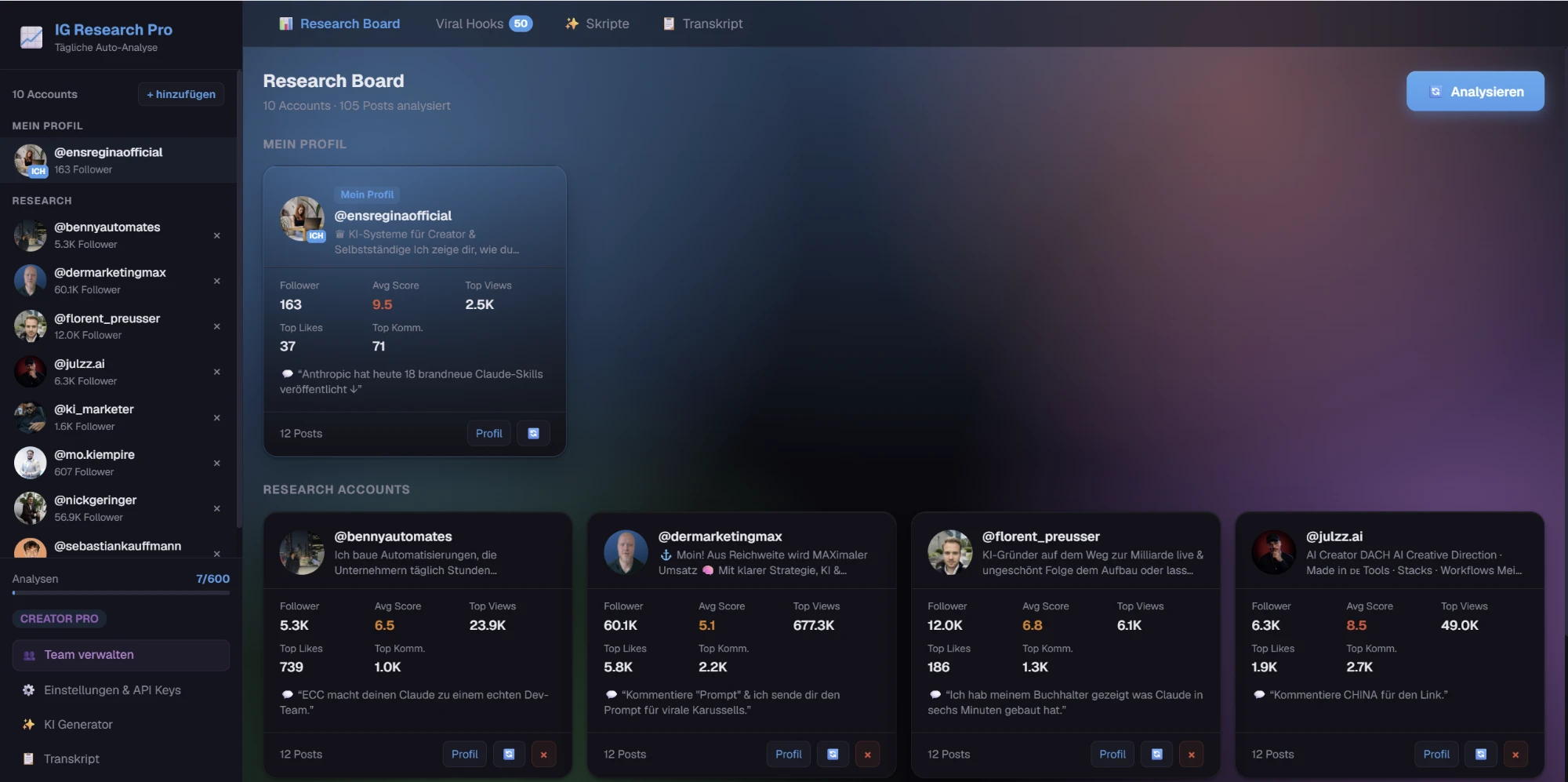 IG Research Dashboard: Research Board mit automatischer Account-Analyse, Engagement-Score und Top-Posts